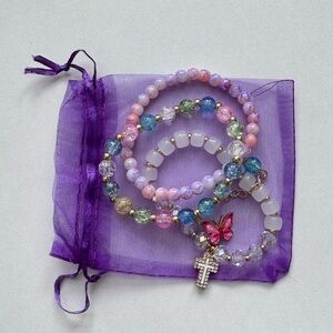 Purple and Pink Cross and Butterfly Bracelet Set